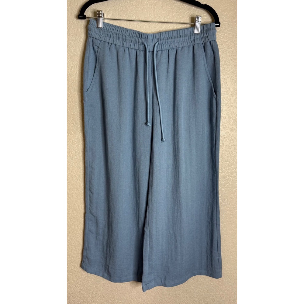 Halara Womens Large Wide Leg Crop Pants Blue Drawstring Elastic Waist Viscose